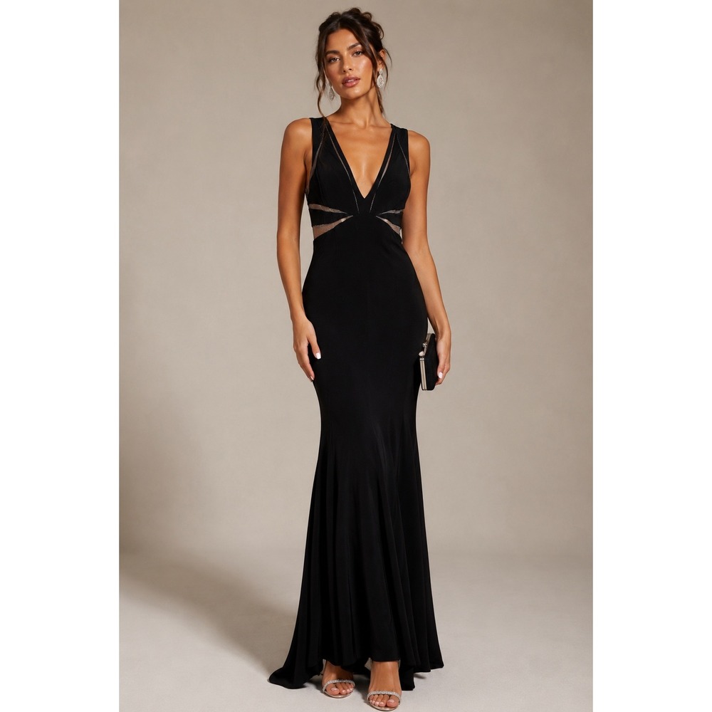 Betsy & Adam Mesh Cutout Halter Evening Gown in Black -‎ 6